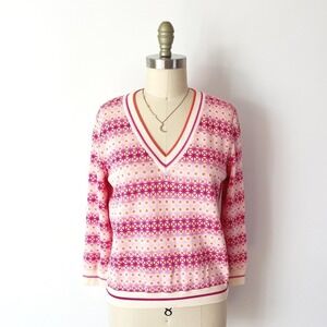 Aldo Martins V-Neck Sweater Coral Pink Geometric Floral Knit Spain Size M